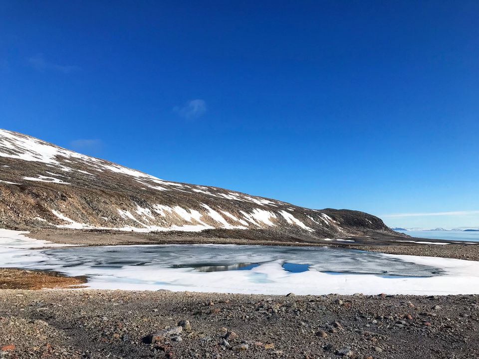 在朗伊尔城、斯瓦尔巴群岛和扬马延群岛，白雪皑皑的山脉映衬着蓝天