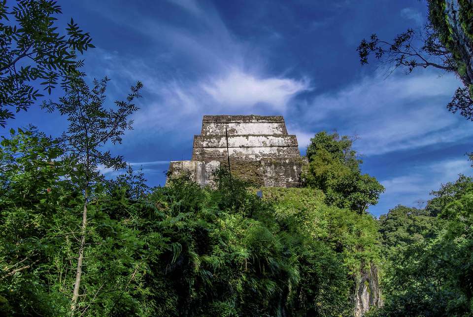 Tepoztlán的El Tepozteco的金字塔在树上看到